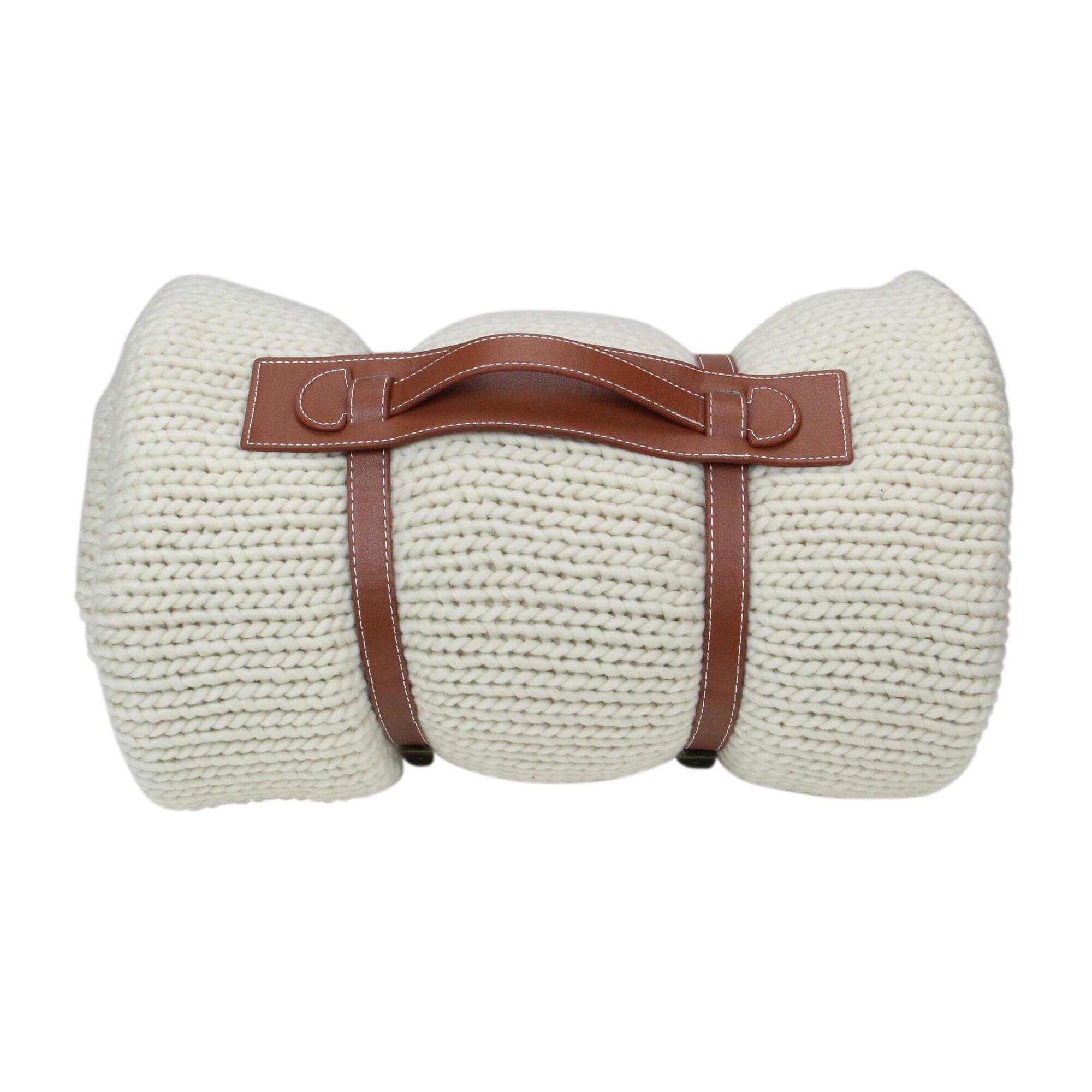 Ivory Knitted Throw Blanket with Carrying Band